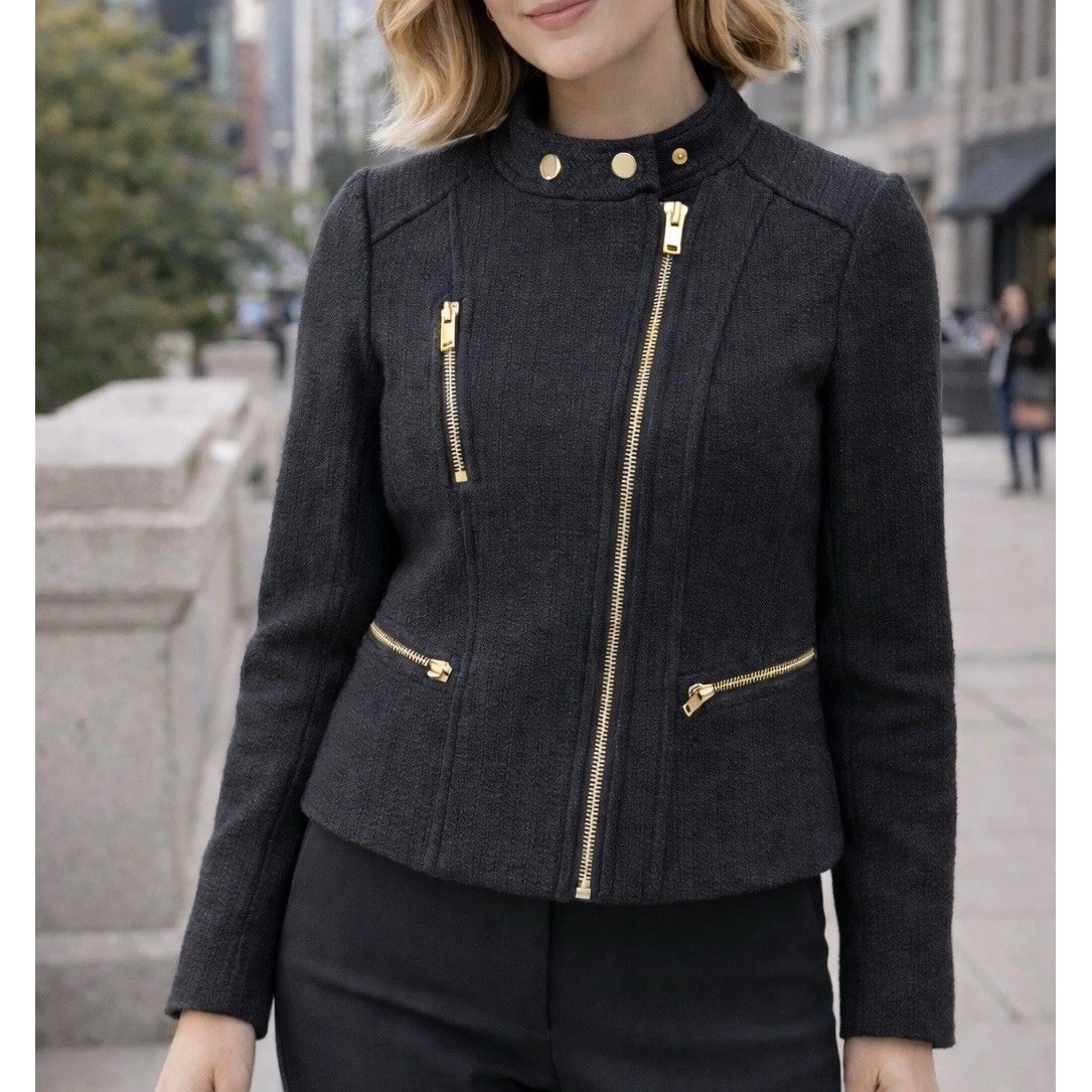 Ann Taylor Jacket Black Moto Women's Size 2p Asymmetrical Zip Lined Blazer Knit